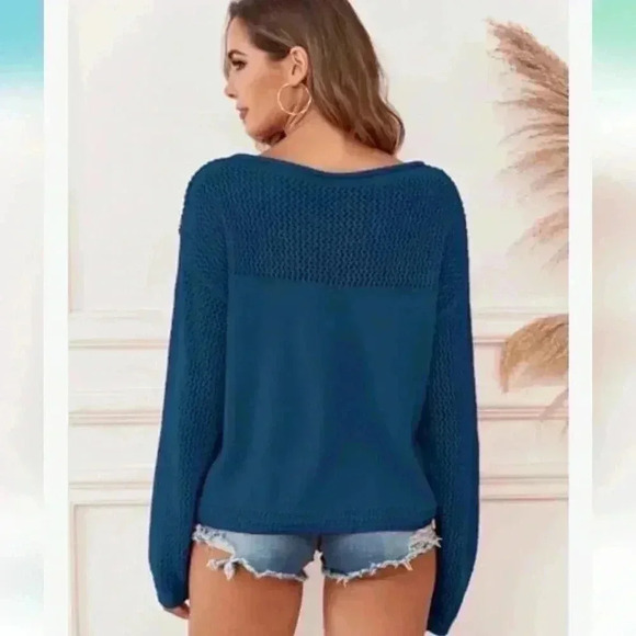 ZAFUL | Women's Navy Hallow Out Long Drop Shoulder Crochet Knit Sweater - Picture 2 of 10